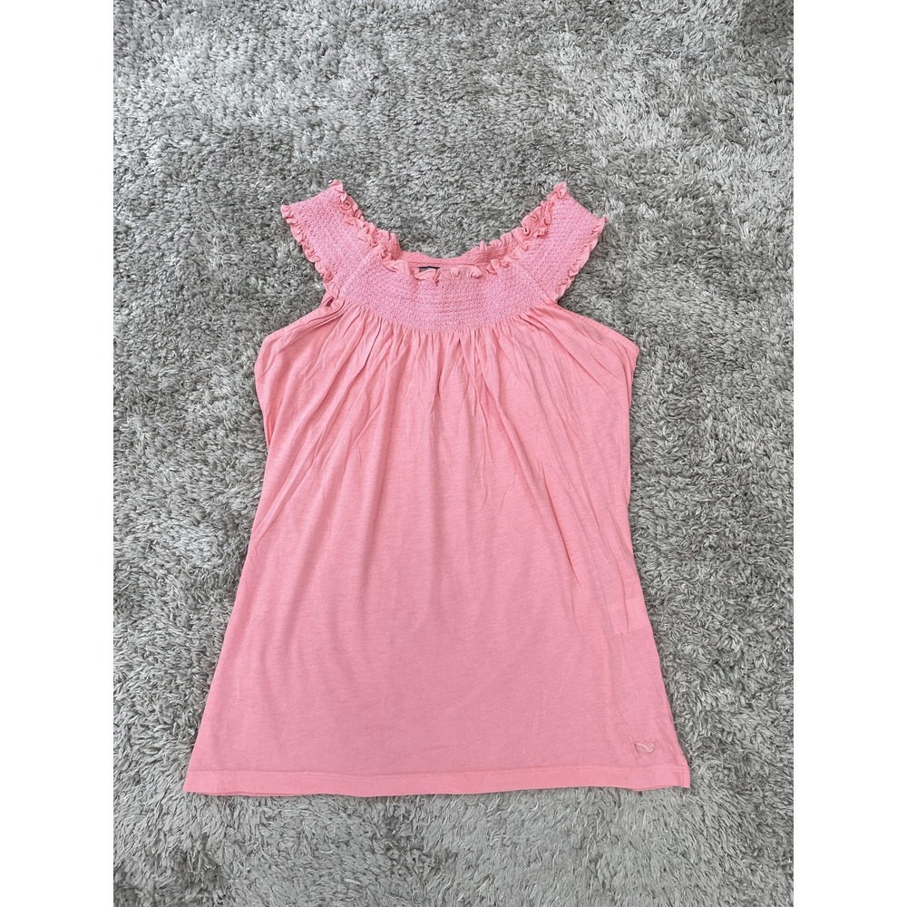 Vineyard Vines Shirt Womens Medium Pink Smocked Ruffle Sleeveless Whale Logo - Picture 2 of 9